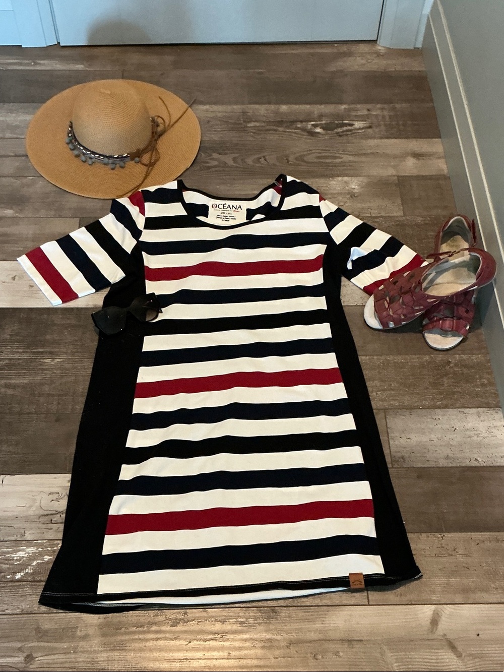 Oceana Black & White Striped Casual Dress with Red Accents